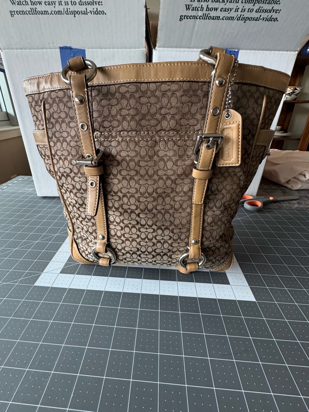 Coach Brown Signature Canvas Tote with Tan Leather Trim
